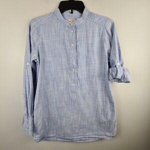 J.Crew XS Light Blue Slub Cotton Roll Tab Sleeve Henley Tunic Top Crosshatch